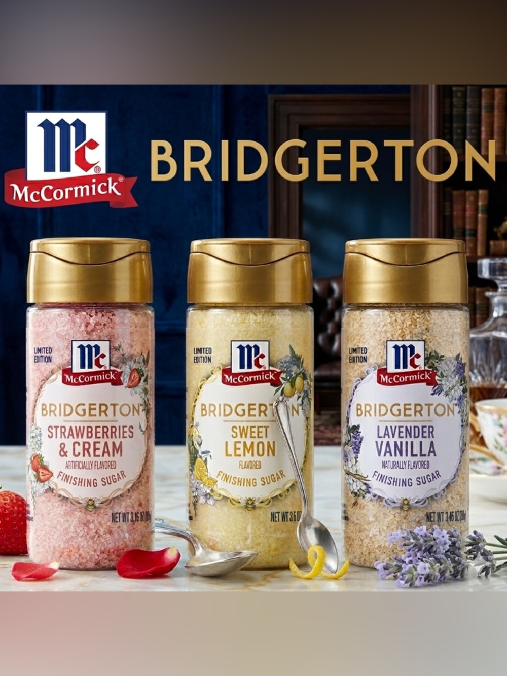McCormick Bridgerton Finishing Sugar Strawberries, Lavender Vanilla, Sweet Lemon